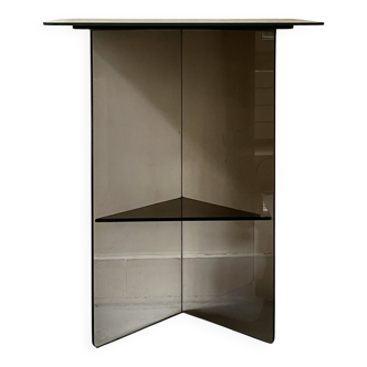 Vintage console in smoked glass and textured organic brown, 70s design.