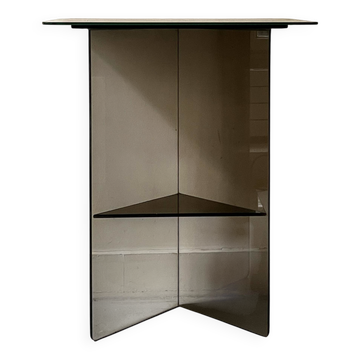 Vintage console in smoked glass and textured organic brown, 70s design.