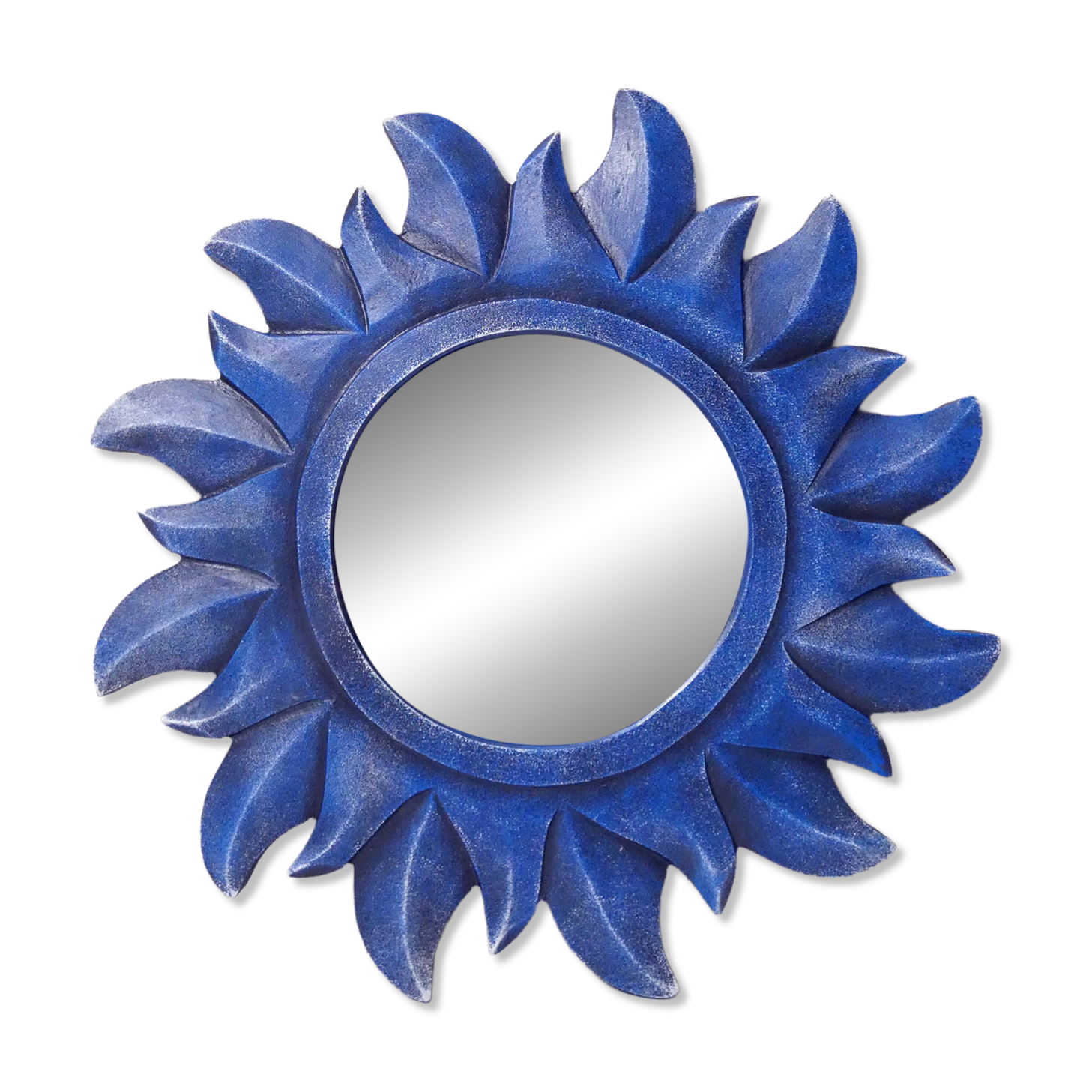 Miroir soleil bleu en bois sculpté vintage