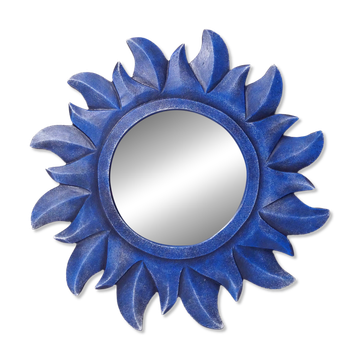 Miroir soleil bleu en bois sculpté vintage