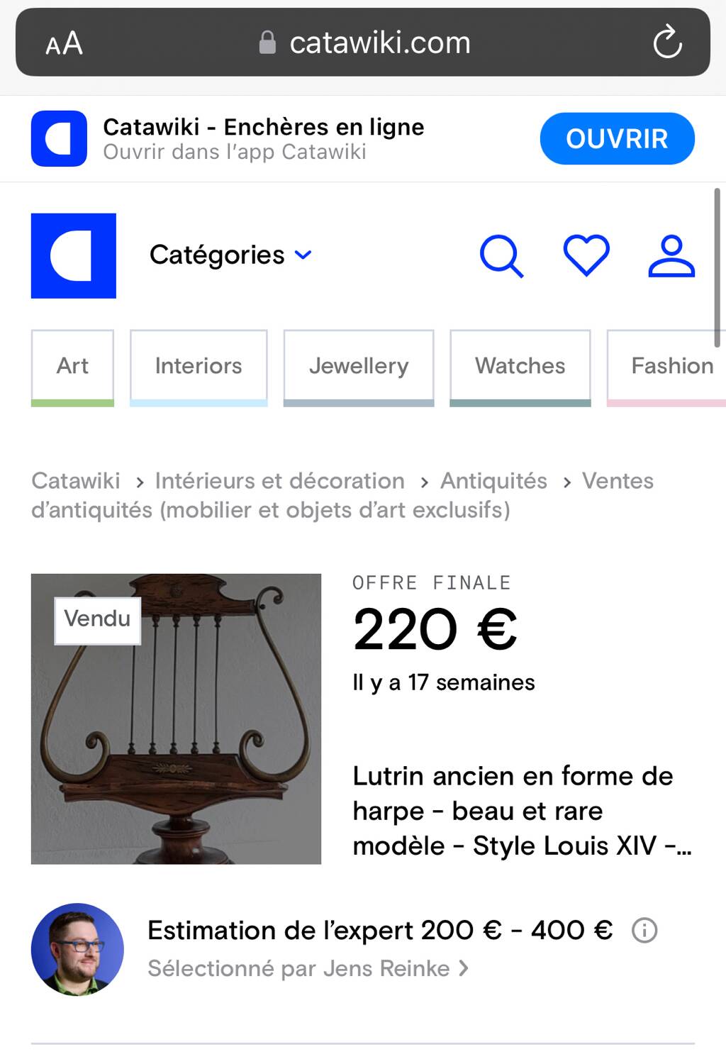 Antique lamp lectern in the shape of a harp - Louis XIV style