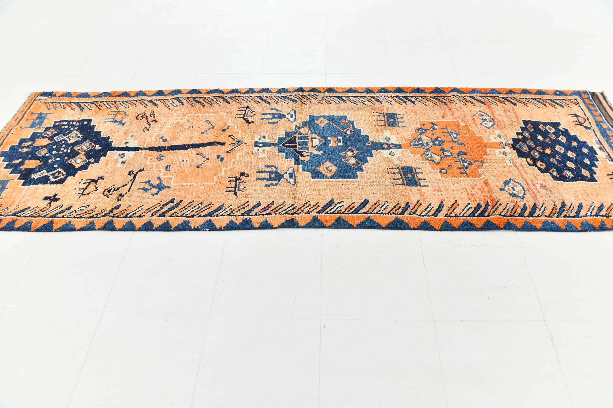 Tapis de couloir turc Orientel, orange délavé, bleu marine, 4 x 11, 105 x 339 cm, SK 23509