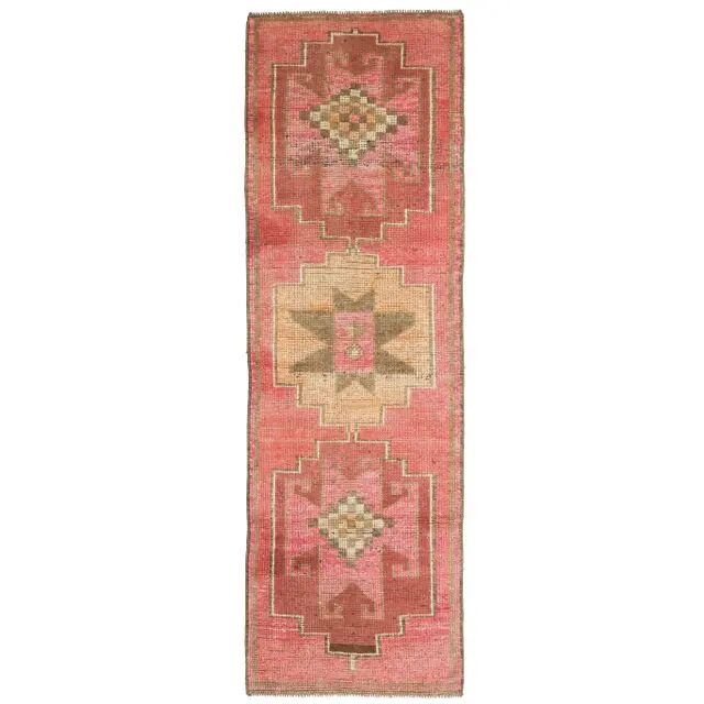 Vintage Turkish hand-knotted wool cotton pink runner rug 92x290