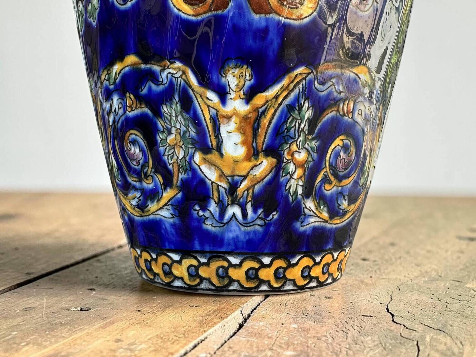 Antique baluster vase in Gien earthenware with blue Renaissance decoration - H: 26 cm
