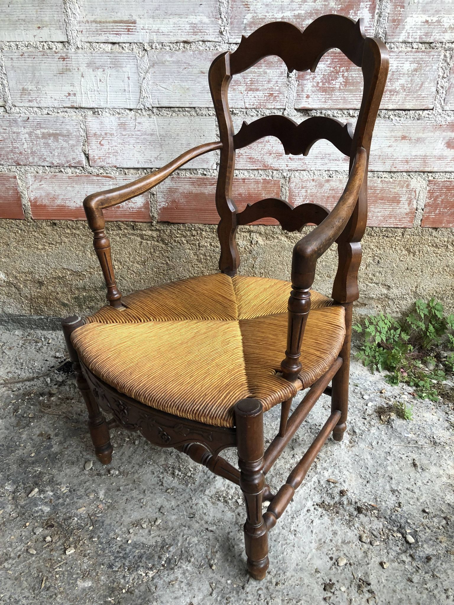 Pair Old Armchair Needle Wood Carved & Seat Paillé + Vintage Fabric Cover