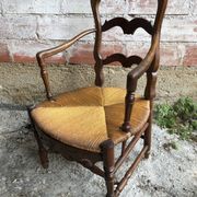 Pair Old Armchair Needle Wood Carved & Seat Paillé + Vintage Fabric Cover