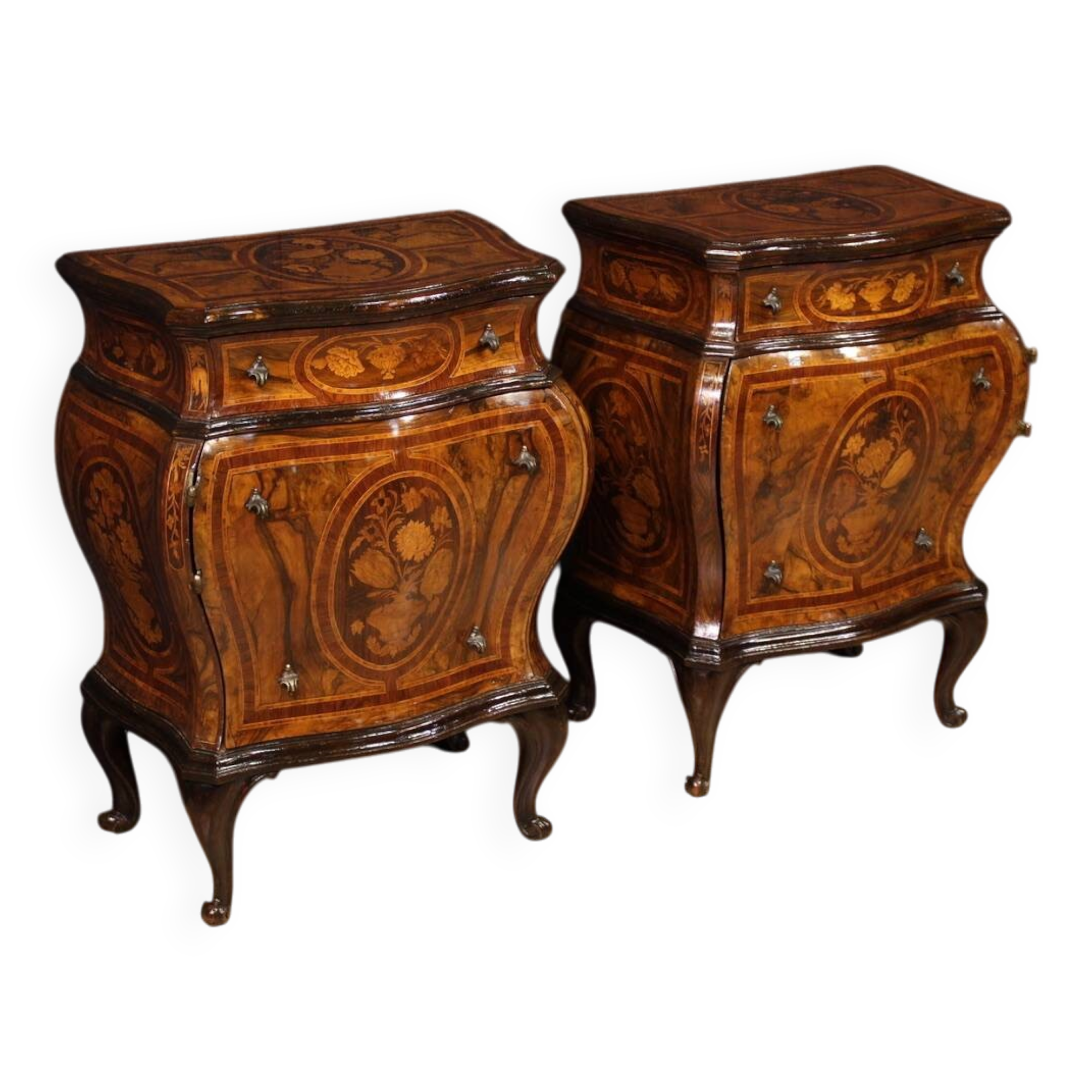 Pair of Louis XV style inlaid Lombard bedside tables