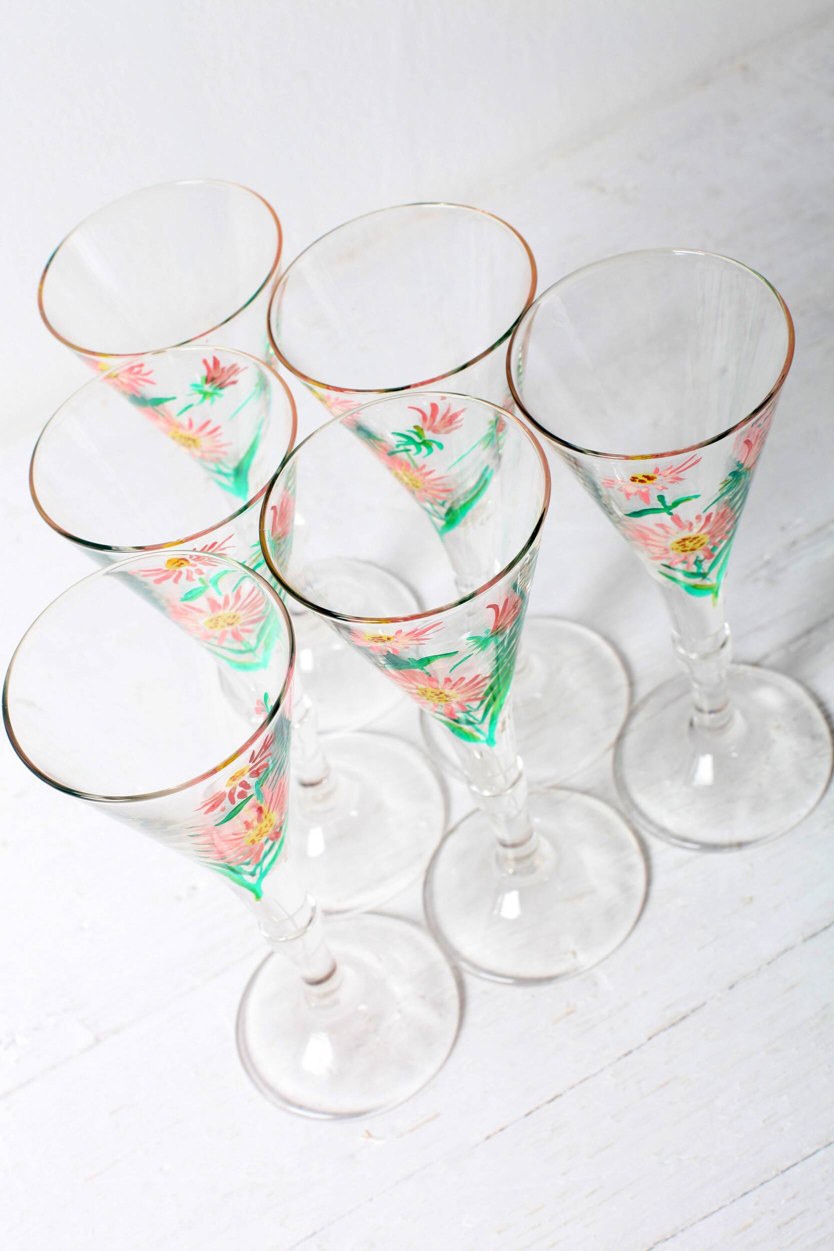 Set of 6 Mid-century Rare Floral Design Champagne Flutes / Italy / 1960s