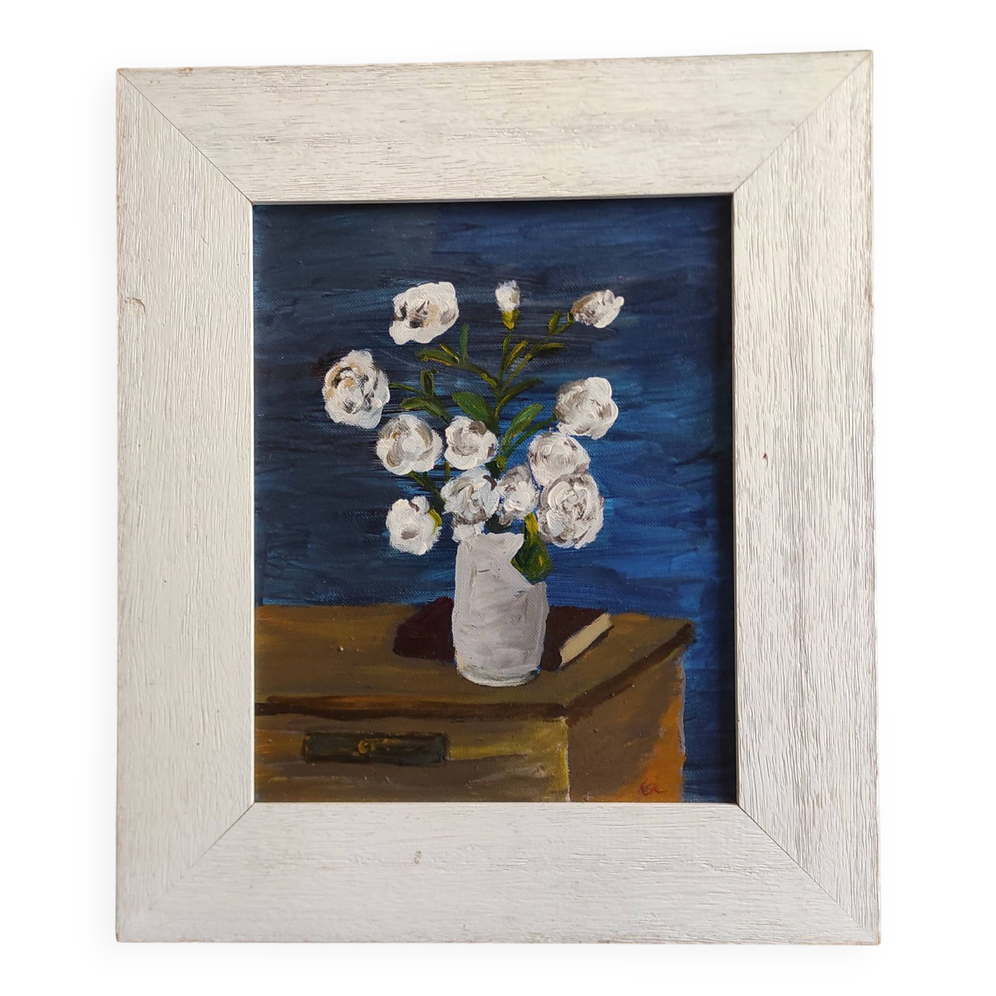 French vintage oil painting of flowers signed EC