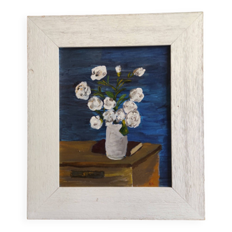 Peinture à l'huile vintage française de fleurs signée EC