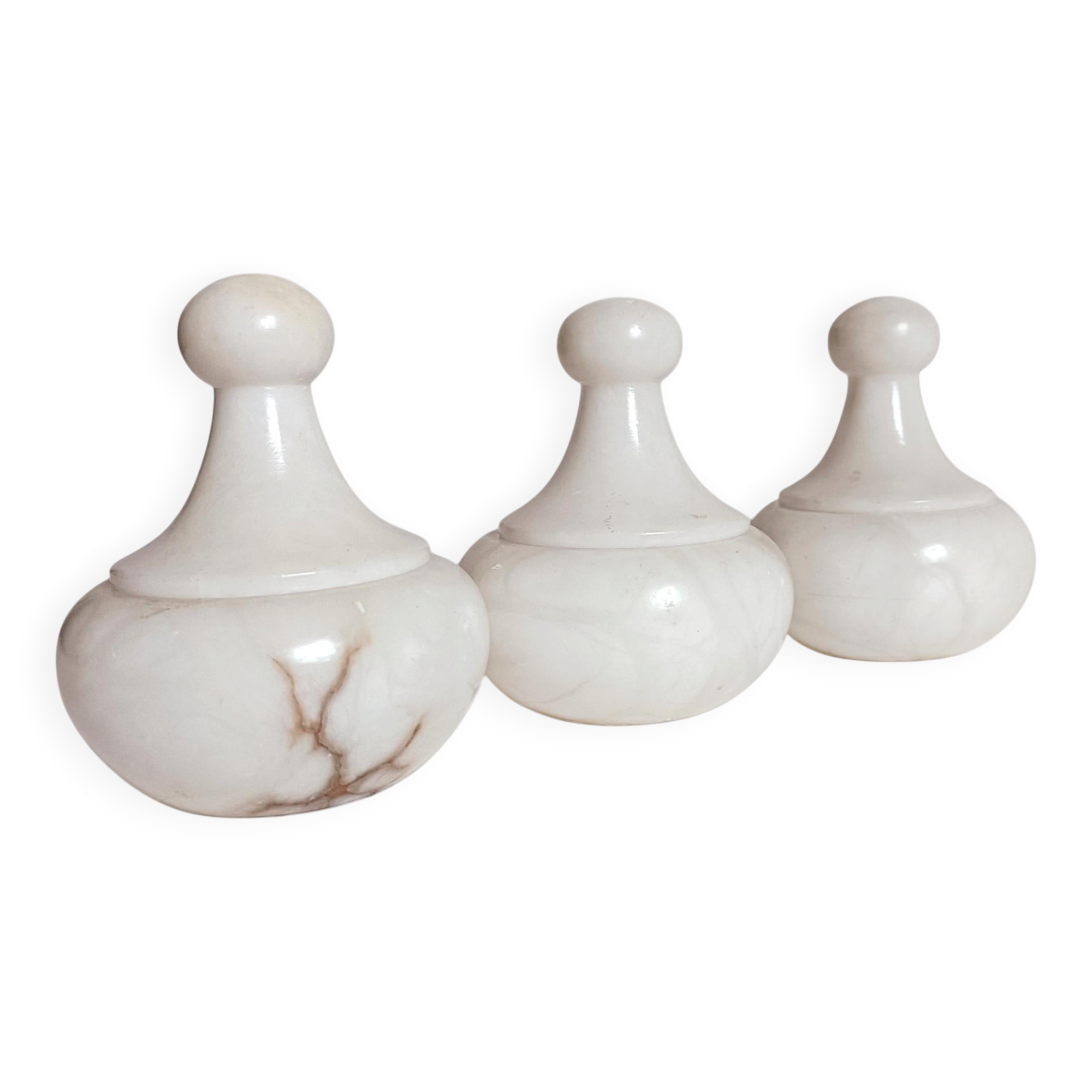 Art Deco Alabaster Set of Three Lidded Urns, Hand-Carved in Spain