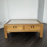 Table basse vintage en bois (chêne massif) et marbre