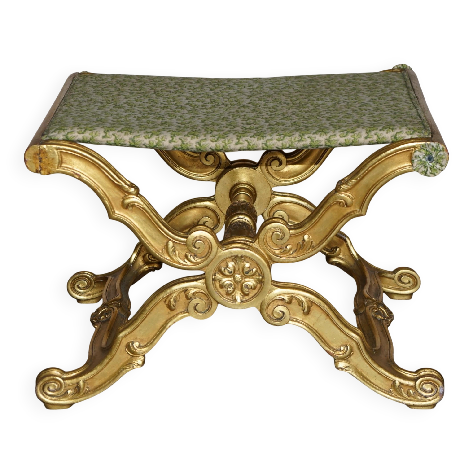 Folding stool with X-frame, carved golden wood, 19th century.