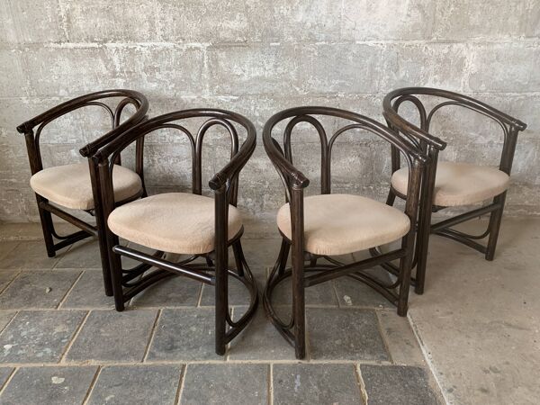 Ensemble de 4 chaises de salle à manger hollandaises en bois courbé et bambou du milieu du siècle, Rohe Noordwolde 19