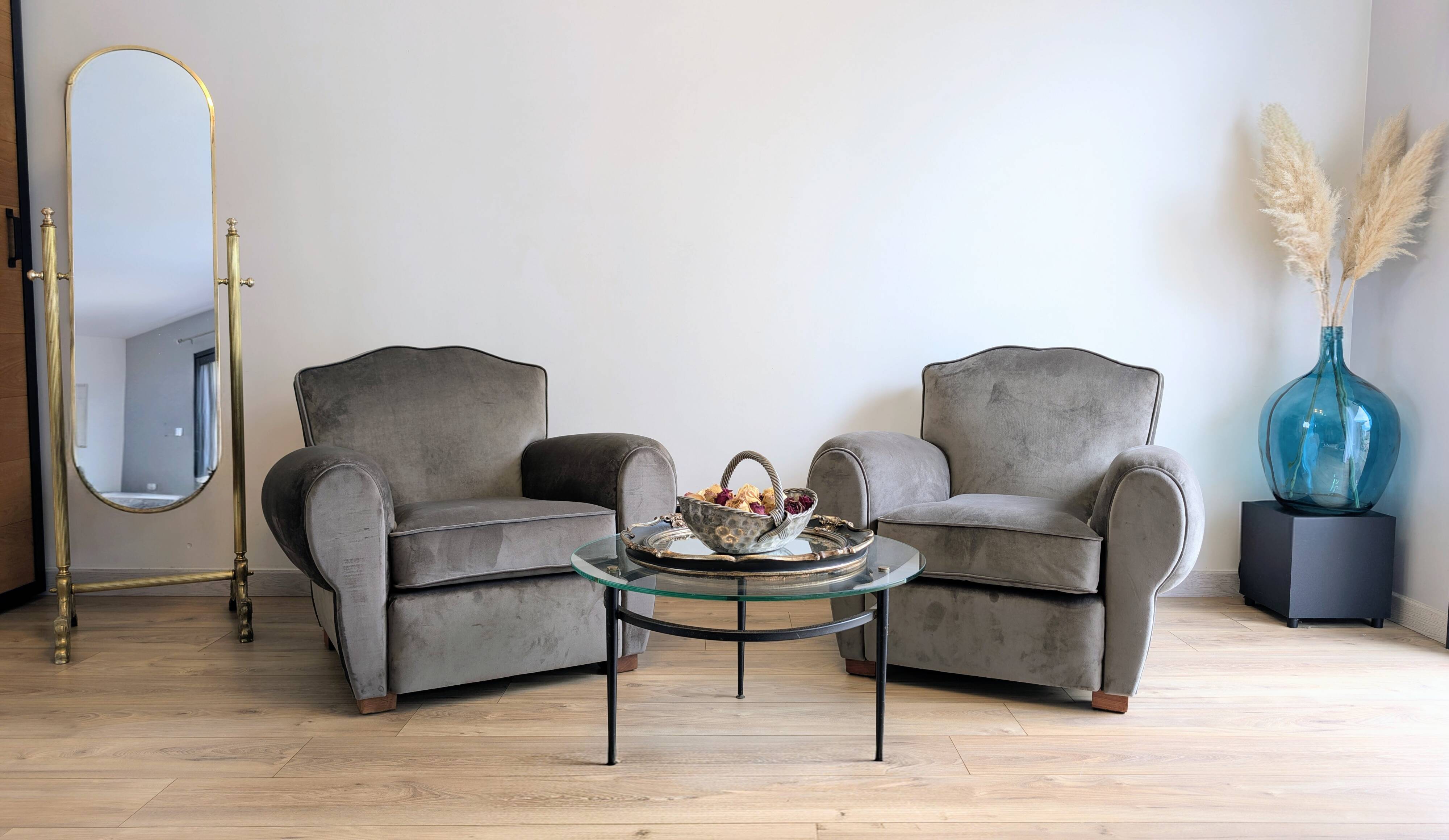 Pair of moustache club armchairs in elephant grey velvet.