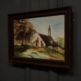 Huile sur toile XXe représentant une église bretonne par Guimard