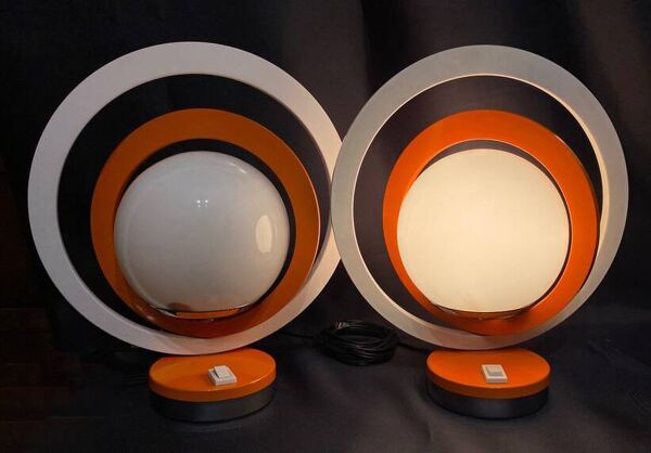 Paire de Lampes de Table Vintage • Saturn • Acier et Verre • Space Age  • 1960