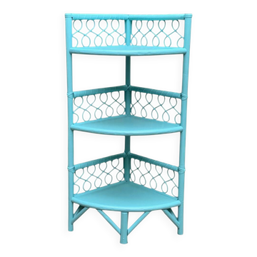 Etagère d’angle en rotin turquoise vintage 1960