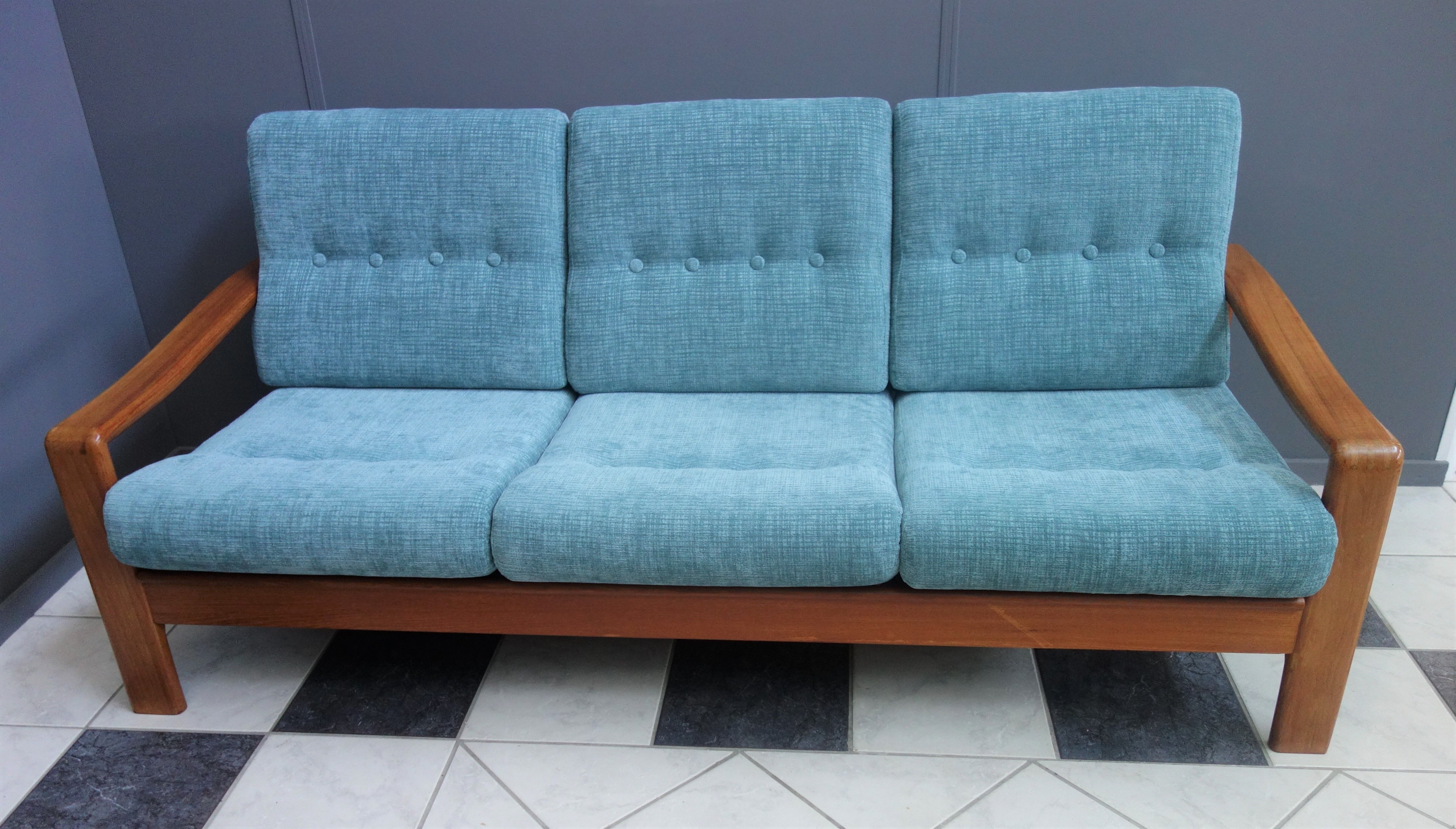 Teak and Green fabric Danish 3 seat sofa 1960s