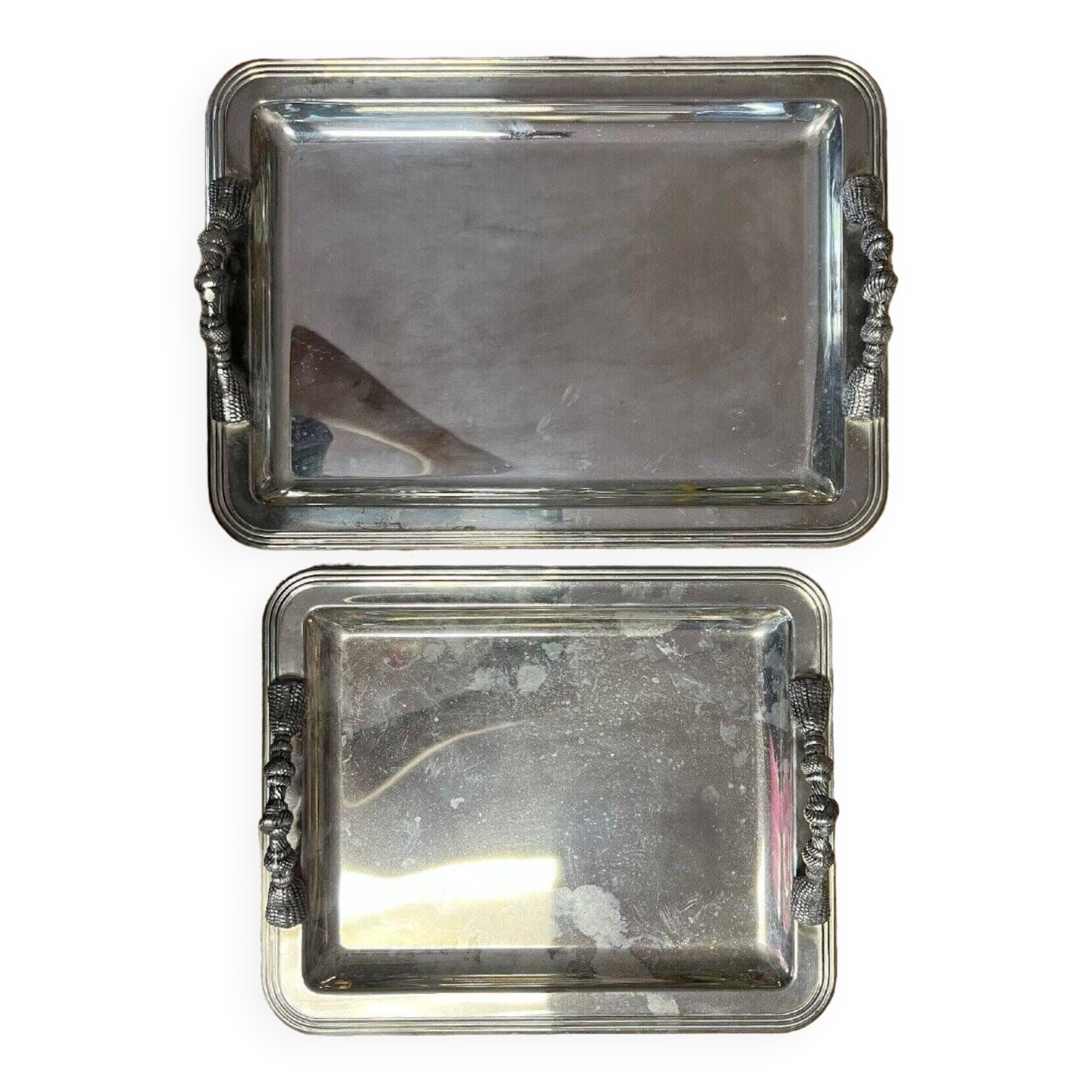 2 silver metal serving trays