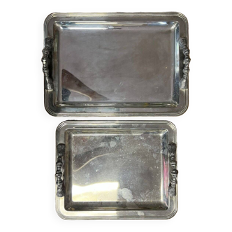 2 silver metal serving trays