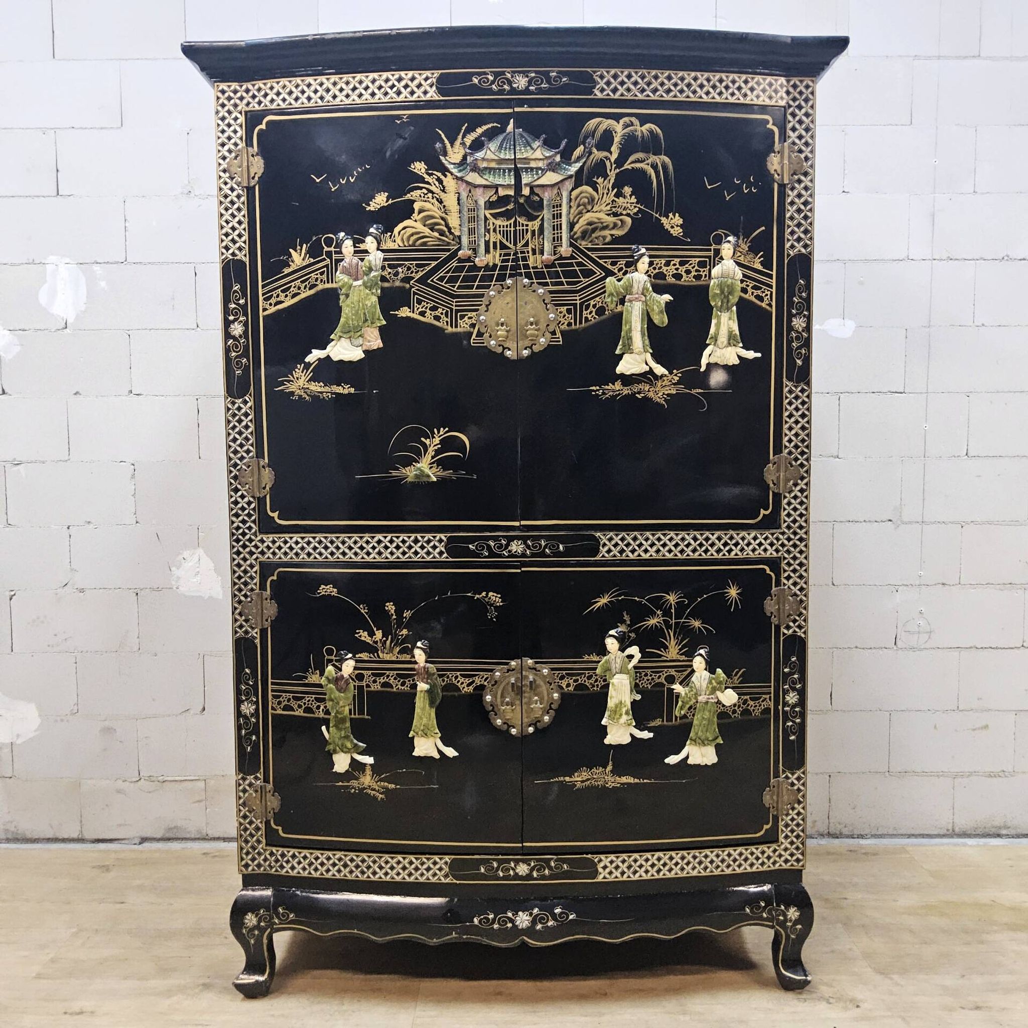Vintage Chinese black lacquer cabinet soapstone, mother-of-pearl bohemia