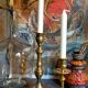 Duo of solid brass and gold metal candle holders worked old