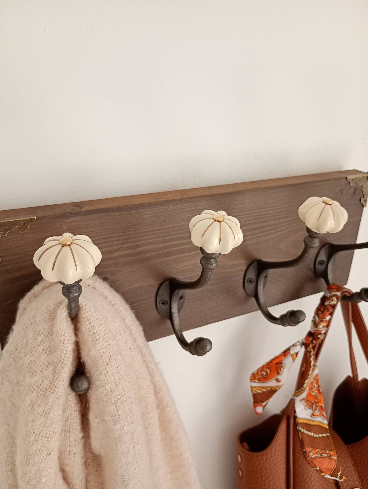Wall-mounted coat rack wood hook cast iron and ceramic - handmade
