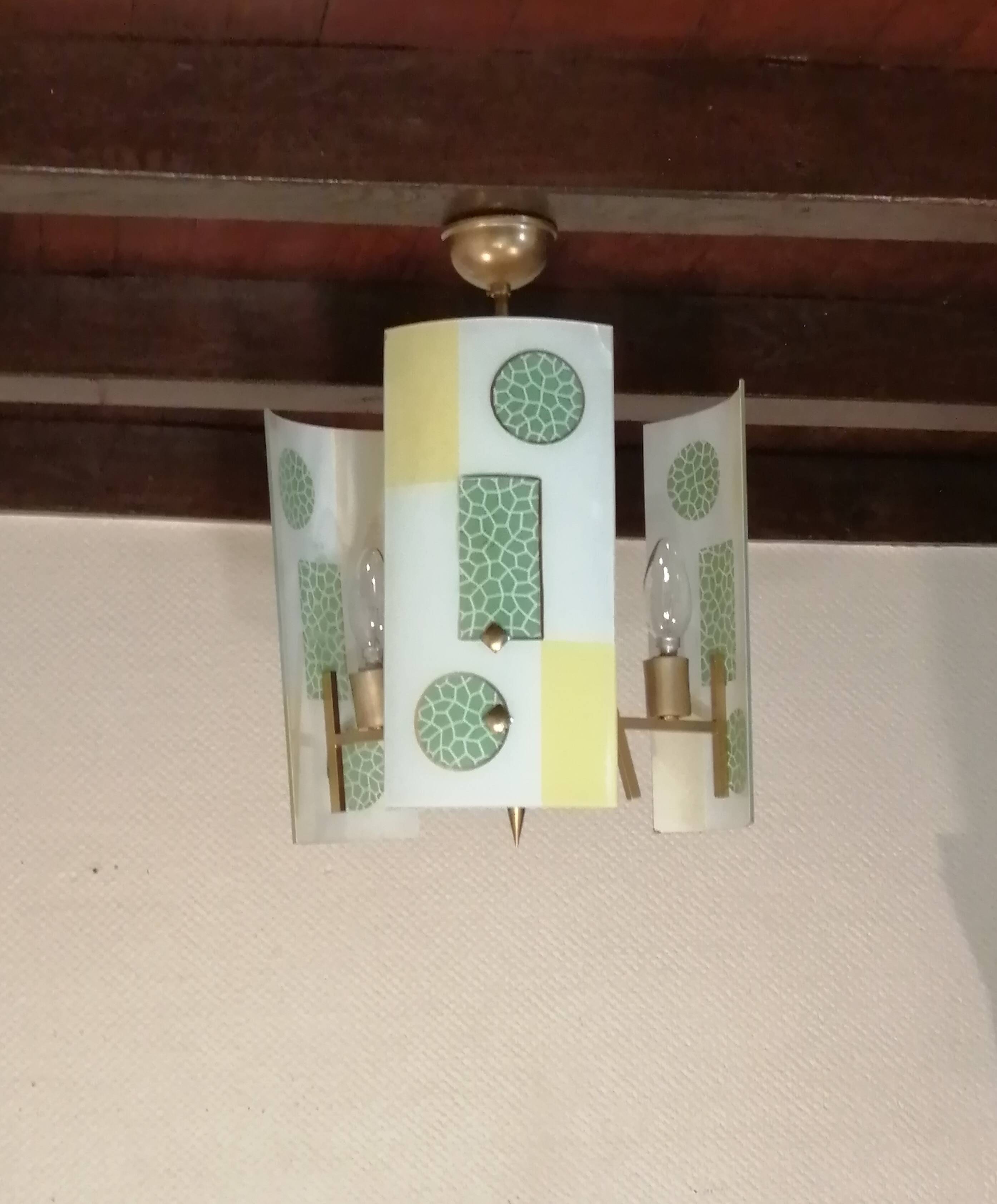 Golden chandelier and glass plates, art deco, vintage style Strangfeld und Gregor Radeberg Dresden 1950