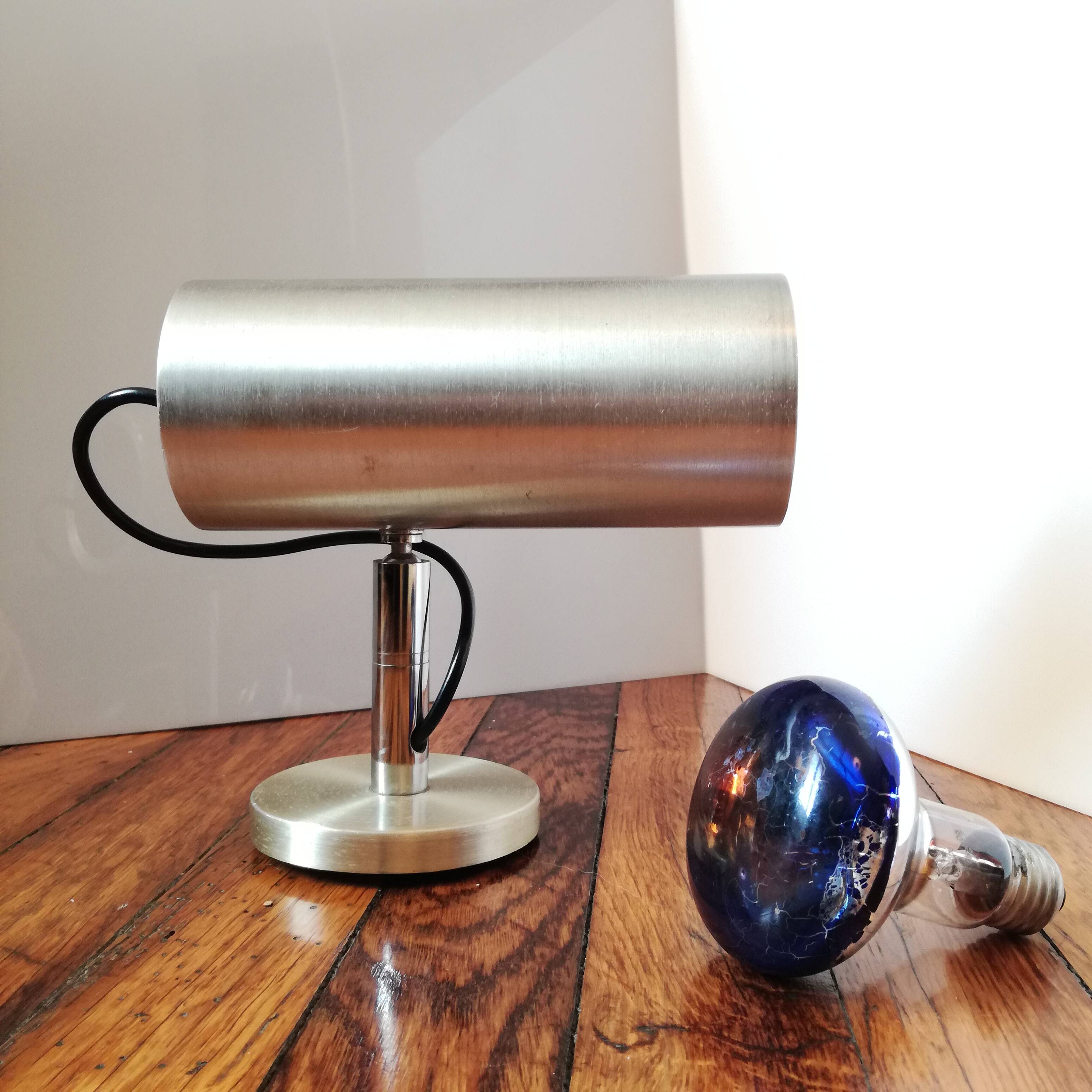 Cylindrical and adjustable wall spotlight in brushed stainless steel, 1970s