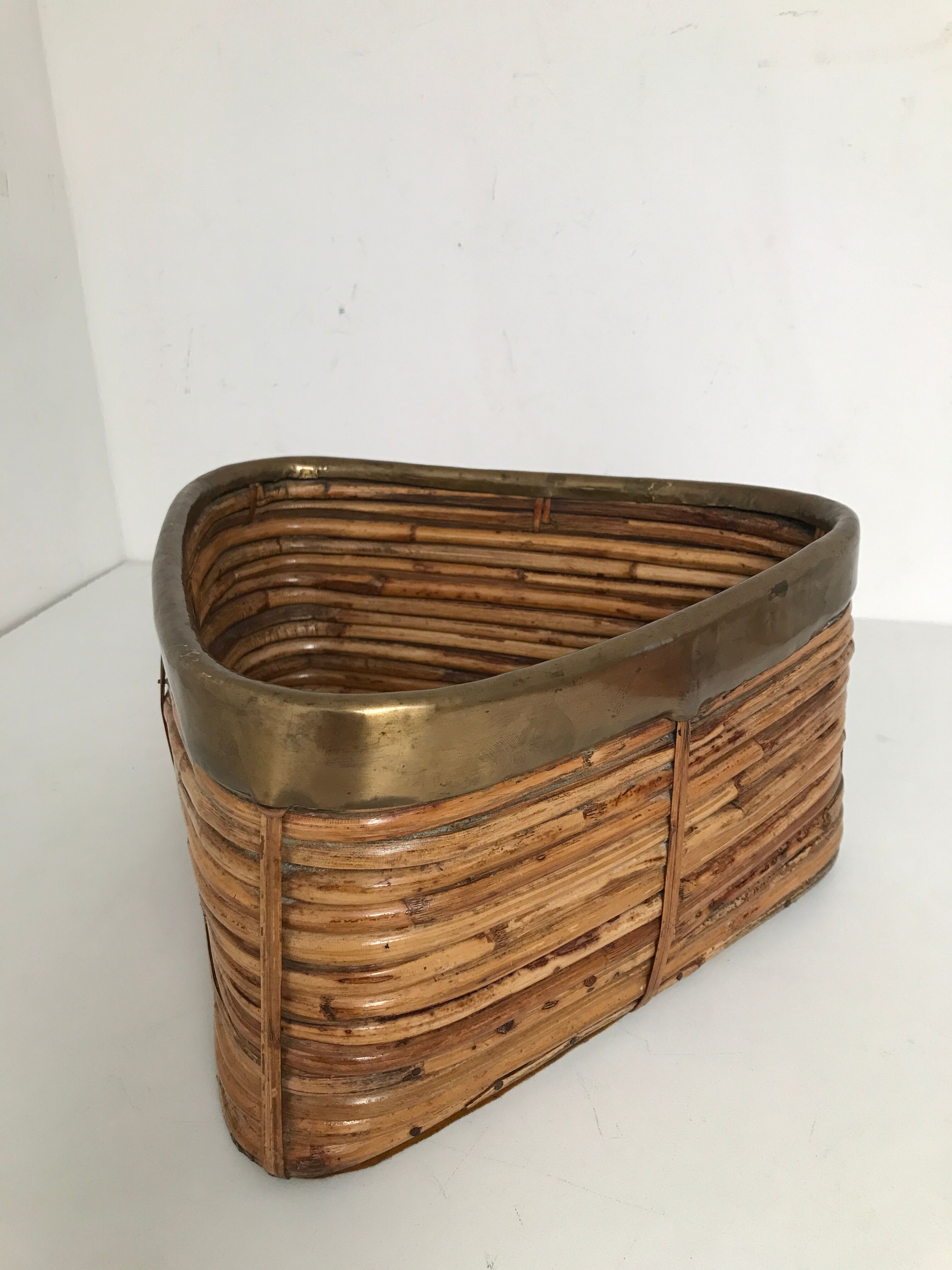 Vintage rattan basket with brass edge 1970