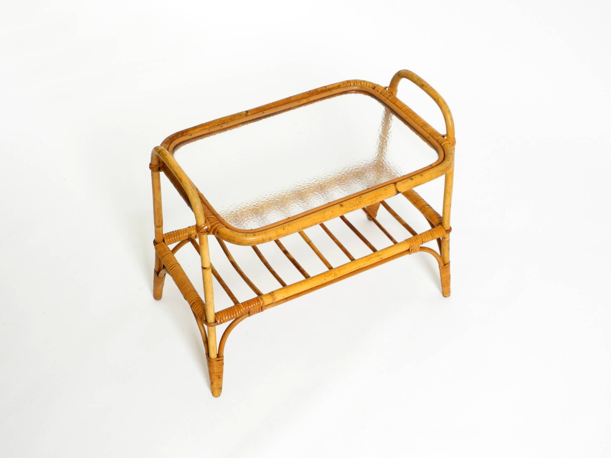 Lovely small Italian 60s bamboo side or coffee table with a iced glass top