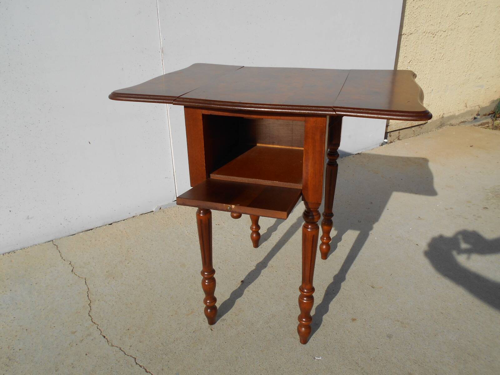 Bedside table with large flap top in burl walnut