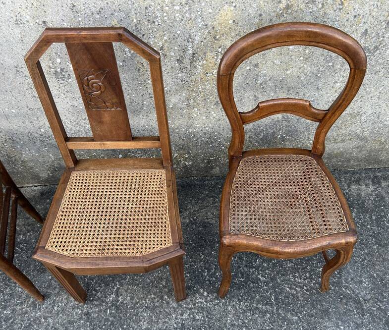 Ensemble de 7 chaises bois et cannage, vintage
