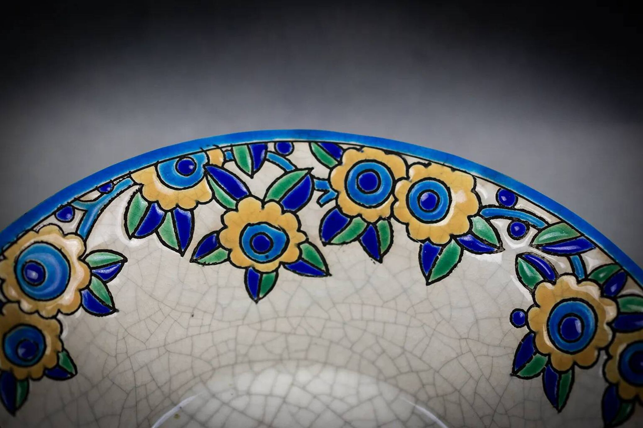 Longwy enamel bowl with handles – Art Deco floral decoration, 1930s