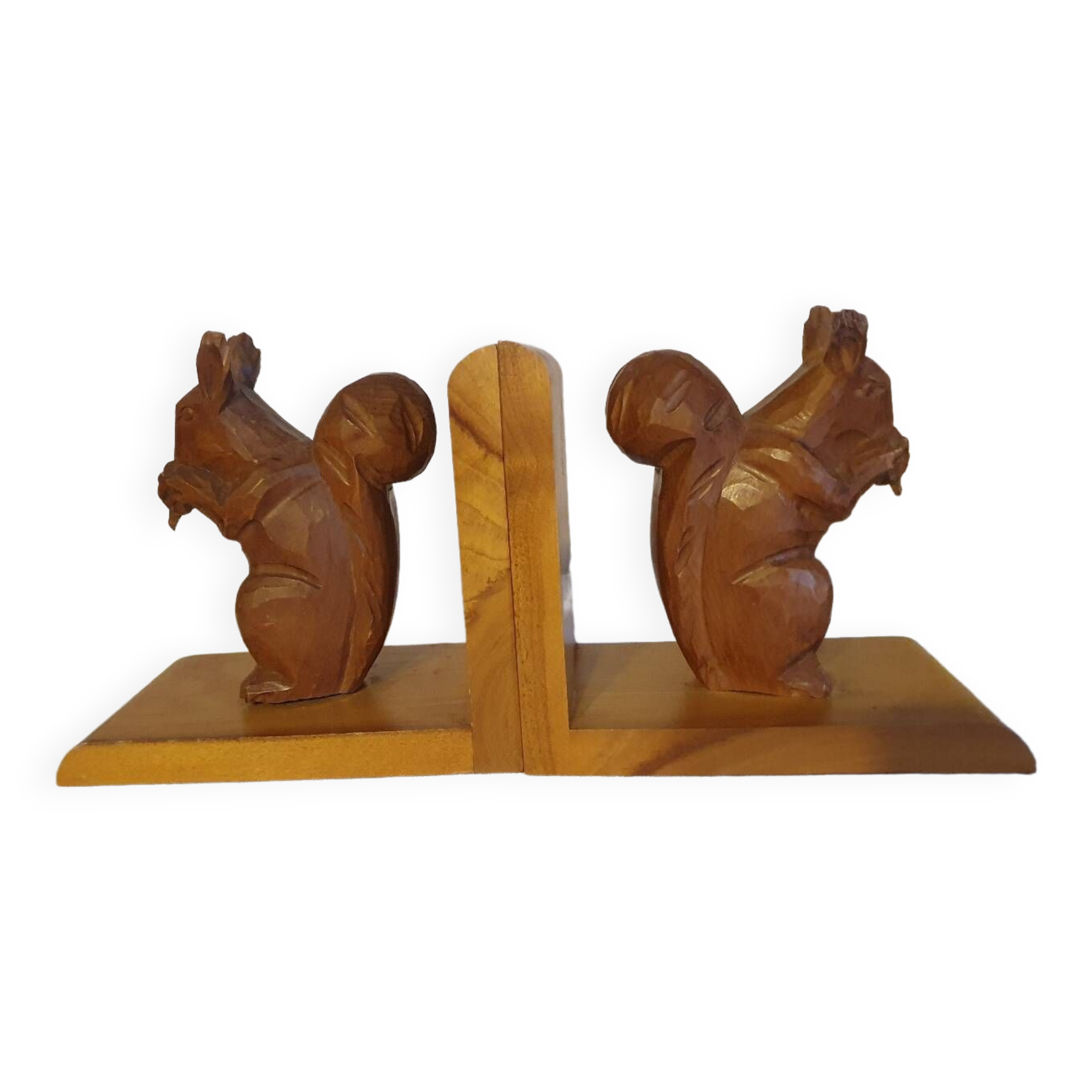 Vintage hand-carved wooden squirrel bookend
