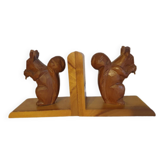 Vintage hand-carved wooden squirrel bookend