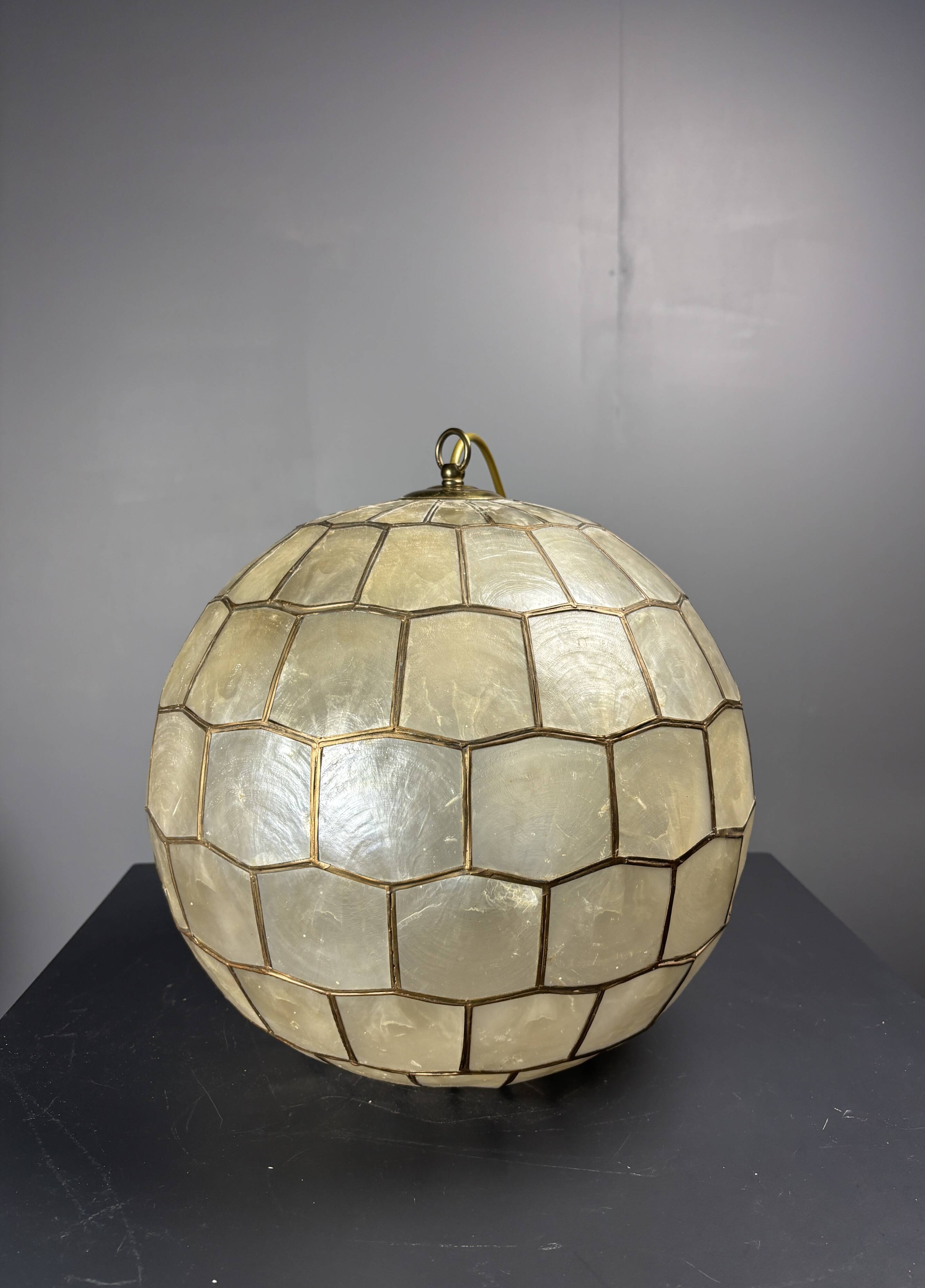 Midcentury mother of pearl Capiz shell & brass sphere large pendant, 1960s
