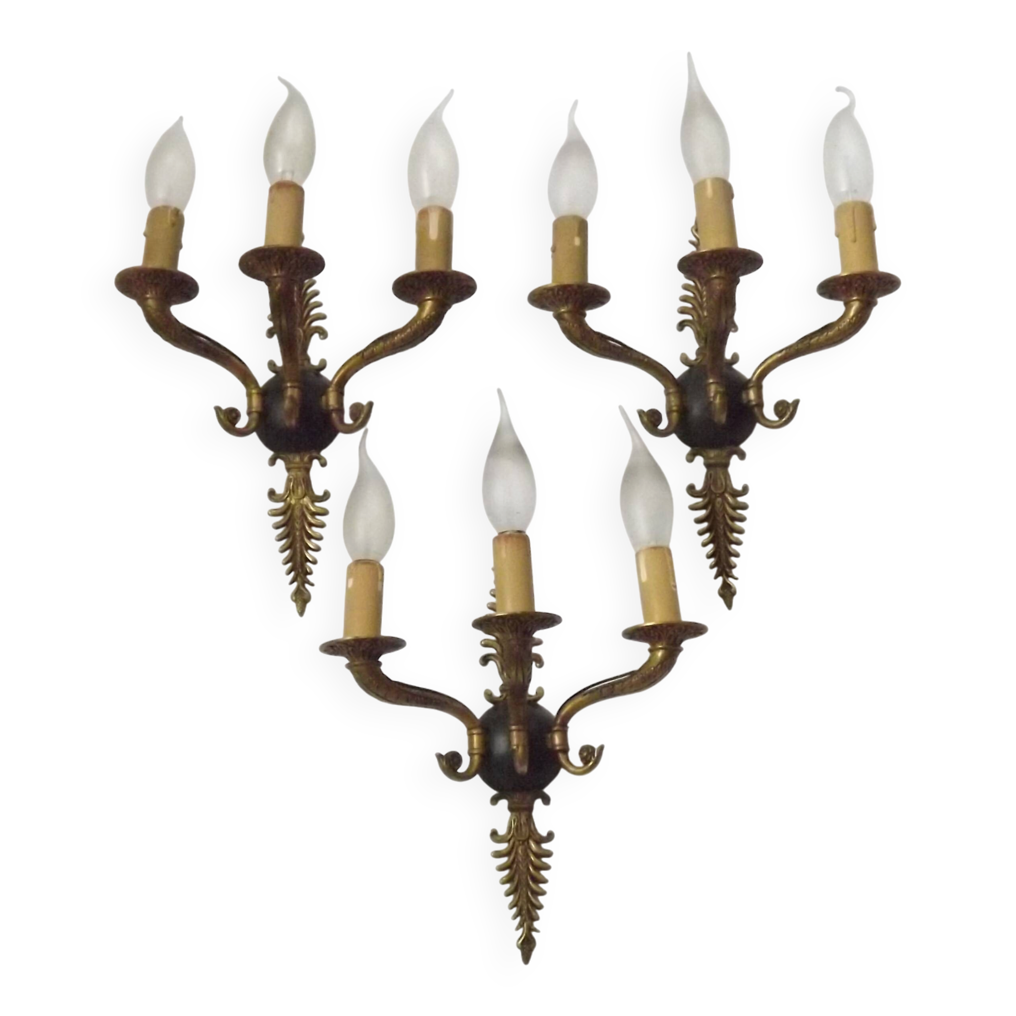 Set of 3 Bronze French Empire Style Triple Light Wall Sconces Neoclassical