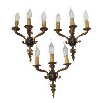 Set of 3 Bronze French Empire Style Triple Light Wall Sconces Neoclassical