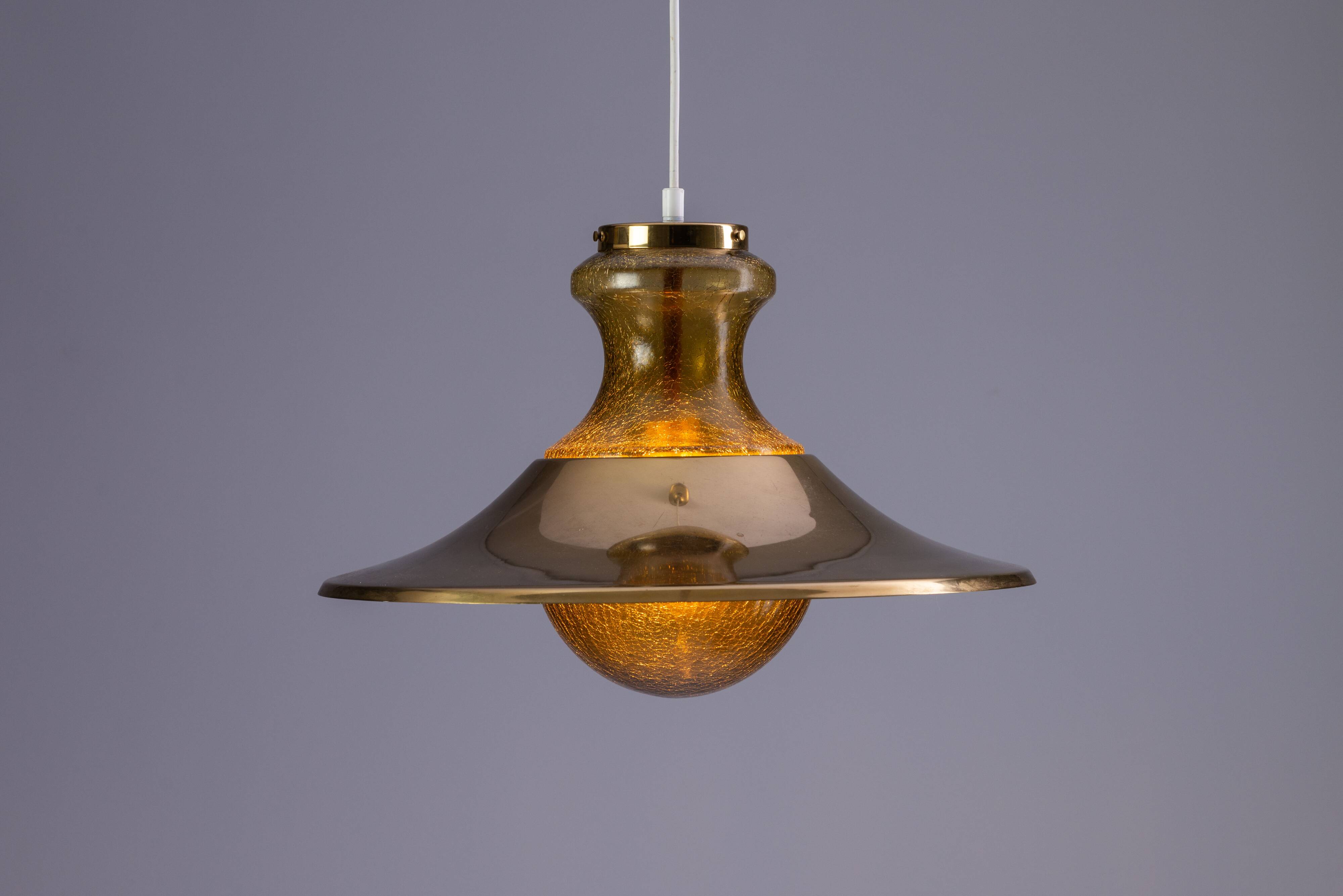 Large glass ‘‘bubble’’ chandelier with brass shade