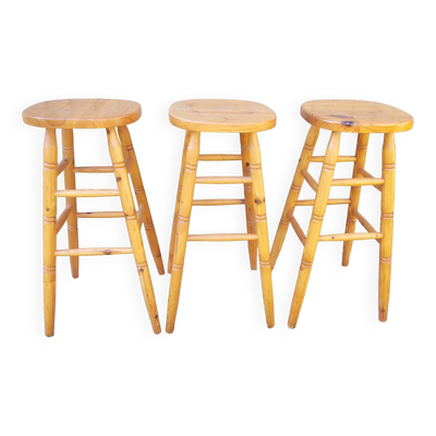 3 tabourets de bar scandinaves en pin, années 1970