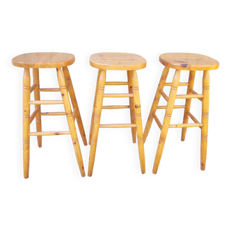 3 tabourets de bar scandinaves en pin, années 1970