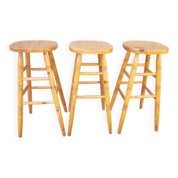 3 tabourets de bar scandinaves en pin, années 1970