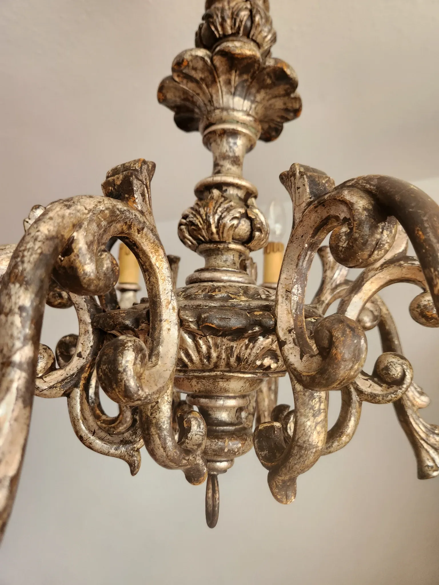 Xl Large Vintage Regency Mid Century Louis XV Baroque Rococo Hand Painted Carved Wood 8 Light Chandelier Floral, Italy, Florence 1920 1950