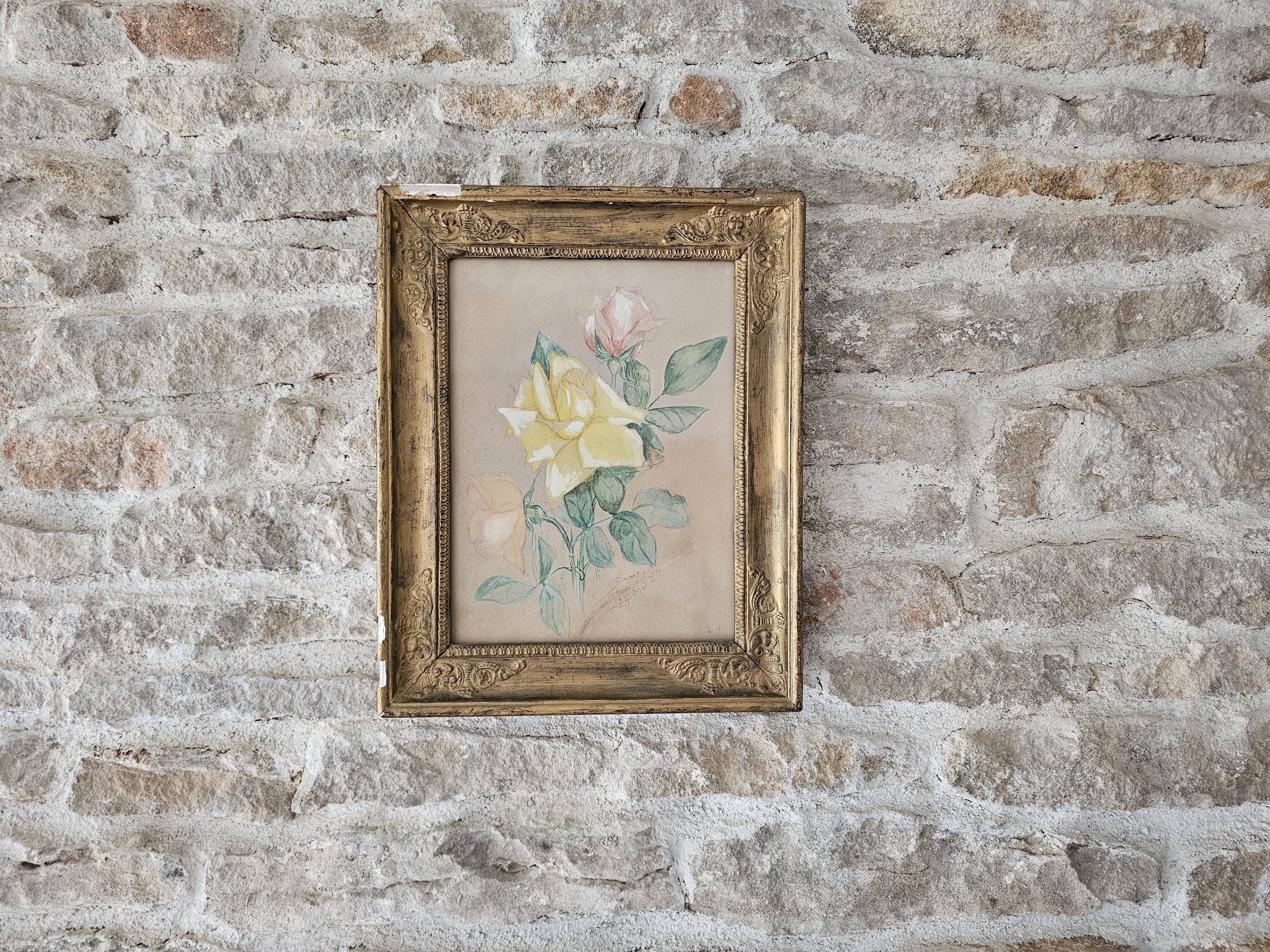Watercolour painting of pink flowers signed Simonne 1922 in a gilded wooden frame.