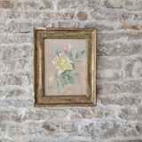 Watercolour painting of pink flowers signed Simonne 1922 in a gilded wooden frame.