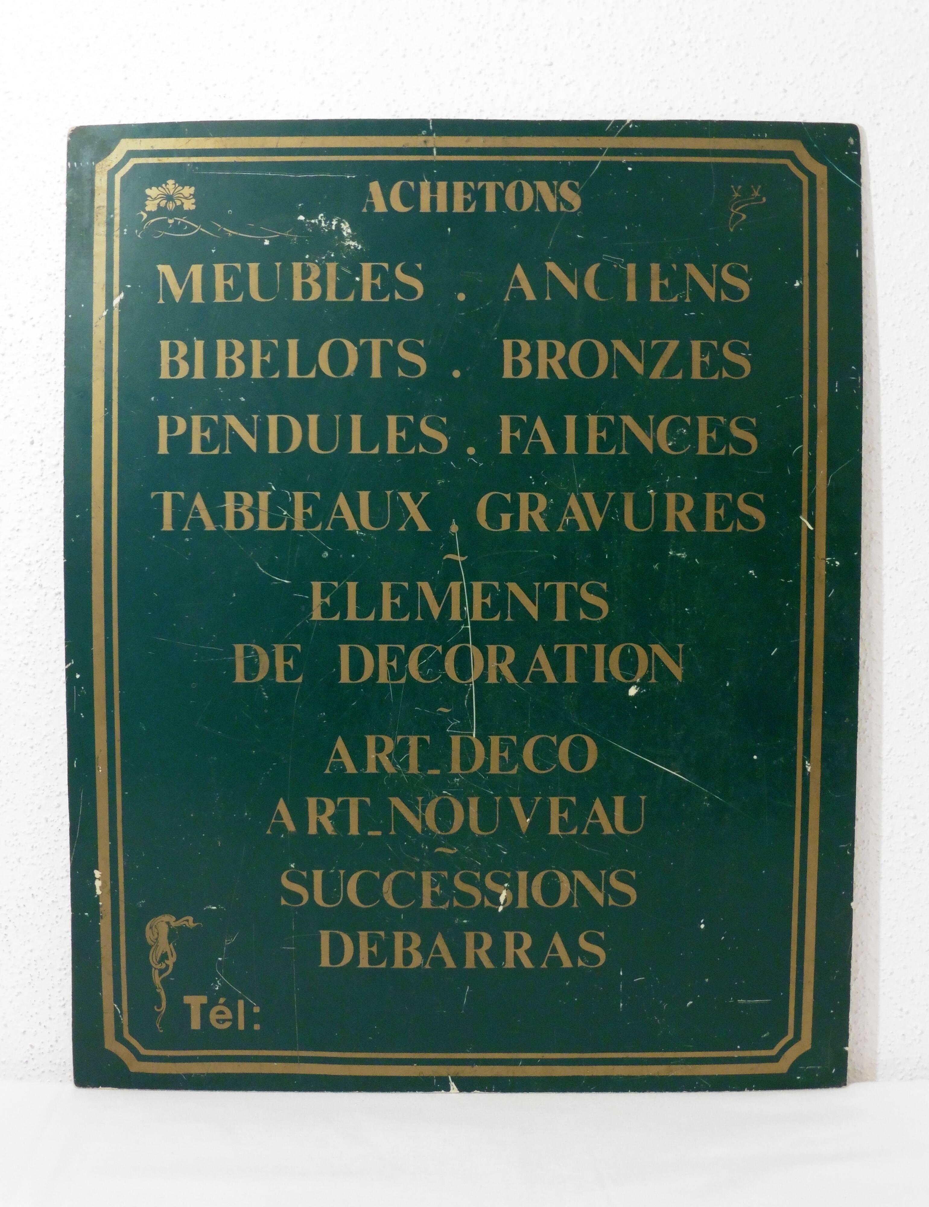 Plaque publicitaire en glaçoïde pour Antiquaire ou Brocanteur