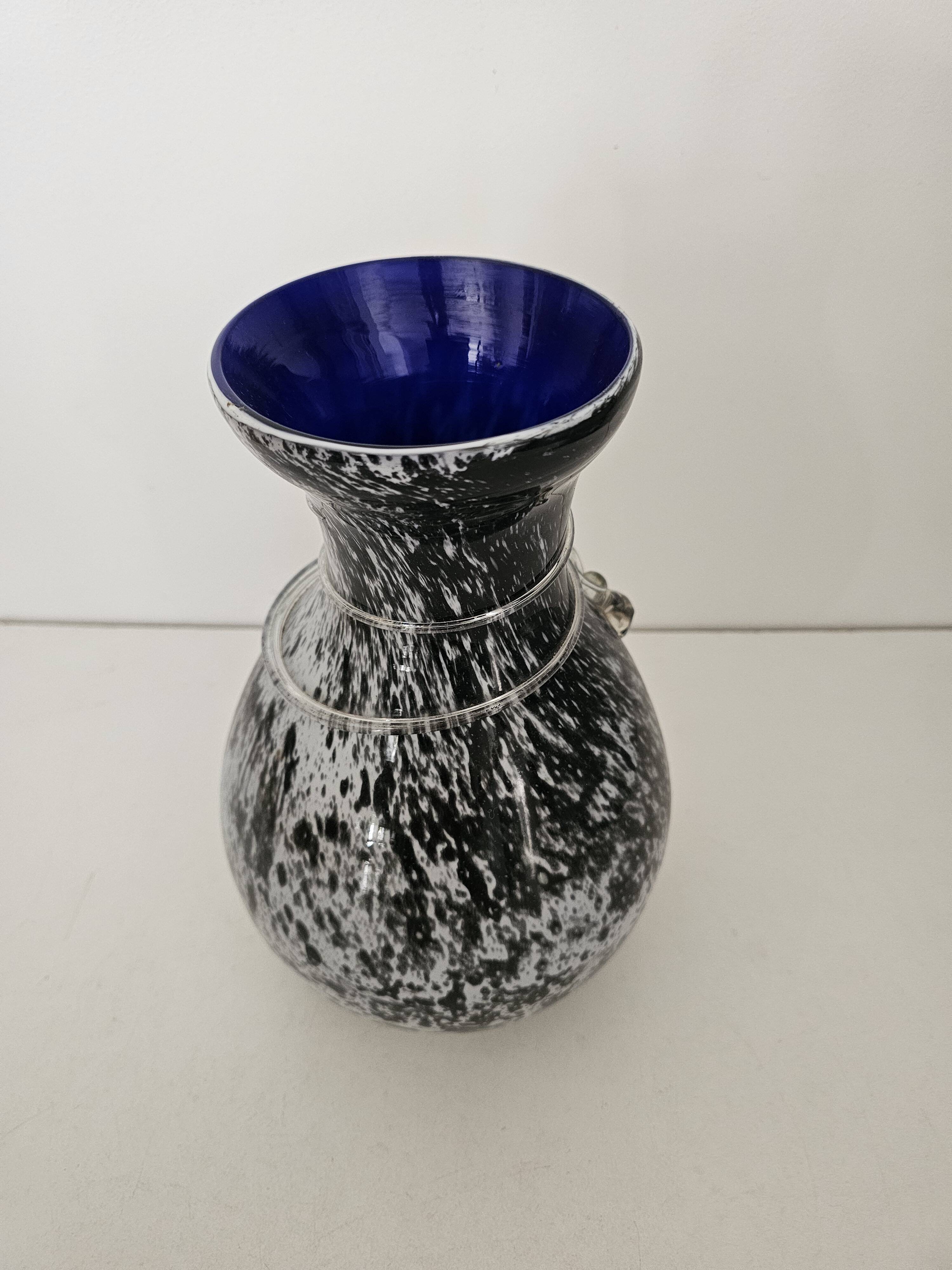 Blown glass vase with black snake decoration with white speckles
