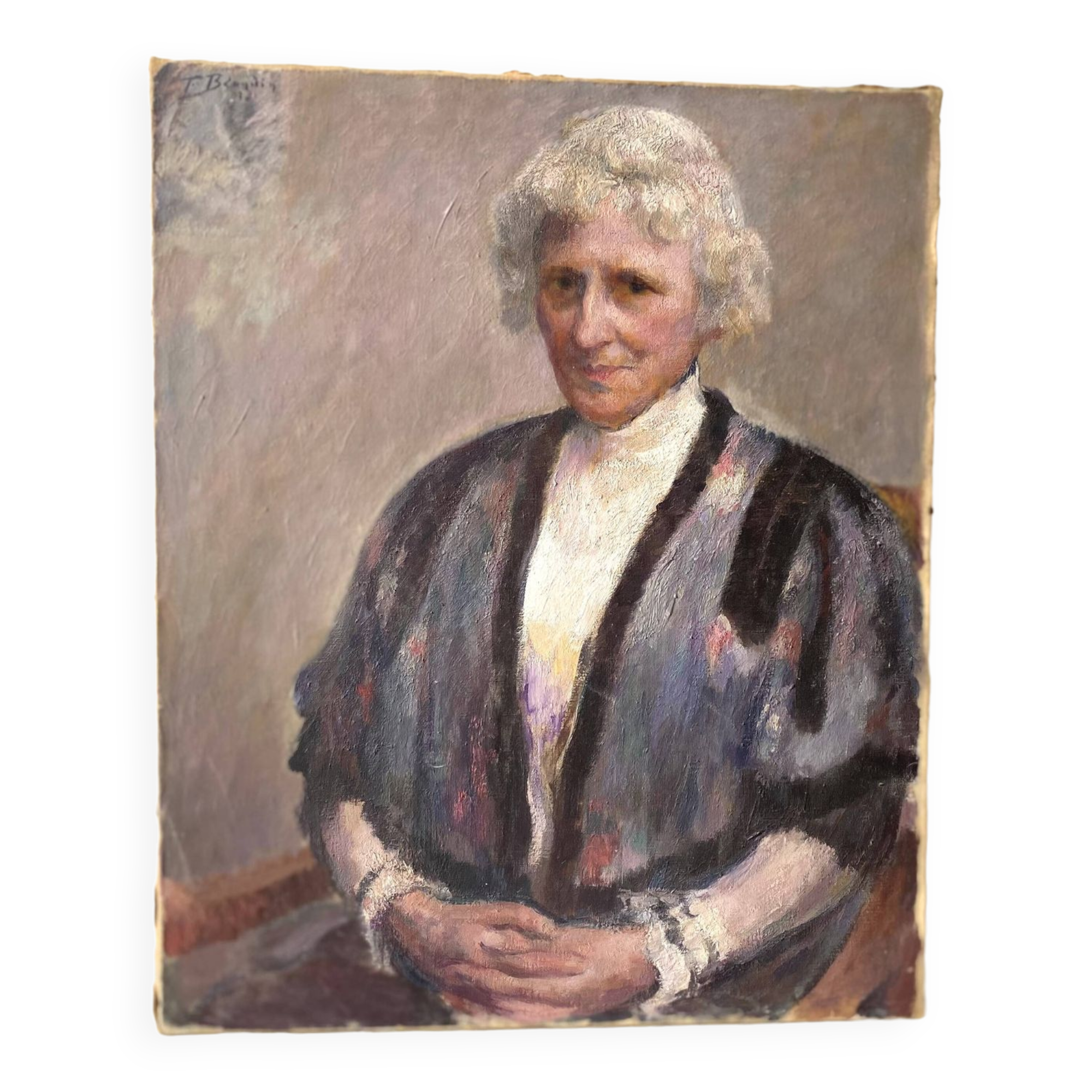 Old portrait signed Fernand Blondin dated 1932, vintage oil on canvas of a woman